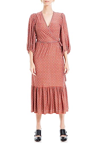 max studio short sleeve dress Max Studio Short Sleeve Wrap Midi Dress, Terracotta Hexagon N Square Panel,  Small at Amazon Women's Clothing store