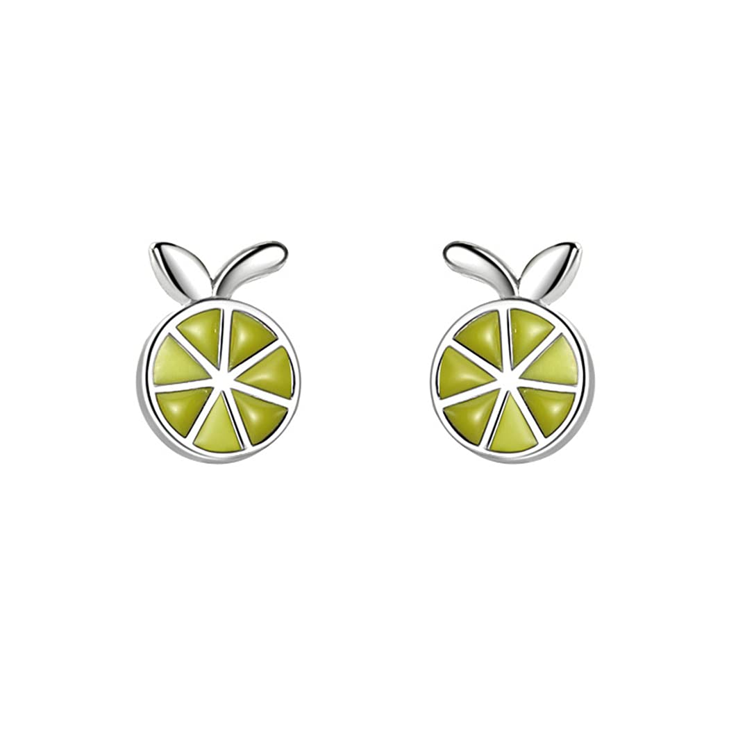 925 Sterling Silver Stud Earrings Green Fruit Orange Fashion Women Girls Birthday Gift Silver No Gemstone, Silver, Free from gemstones