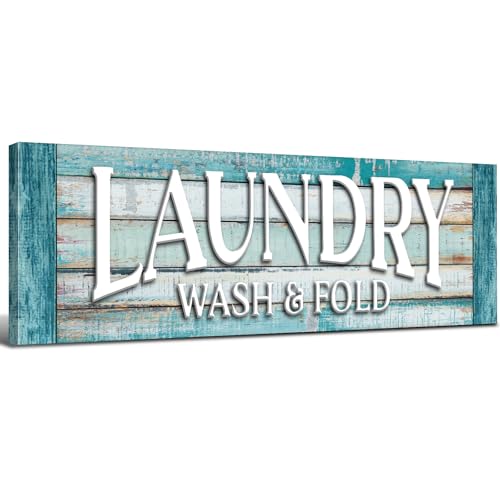 Laundry Room Wall Art Turquoise Pictures Rustic Farmhouse Wash Fold Laundry Signs Wall Decor Teal Poster Vintage Bath Wood Grain Canvas Prints Modern Artwork Framed Restroom Washroom Decorations 6x17