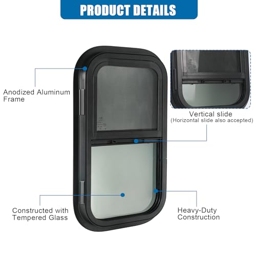 Image of Vertical RV Window, 12 inch W x 18 inch H Tinted Sliding RV Window with Net Screen and Trim Ring, Suitable for 1-1 /8 inch Thick Walls, DOT Approved