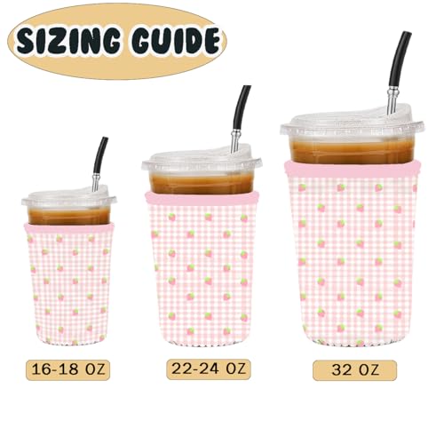 Image of Reusable 3-Pack Iced Coffee Cup Sleeve, Insulated Neoprene, Beverage Holder for Iced Coffee, Durable Drink Sleeve for Cold Beverages, Strawberry Grid