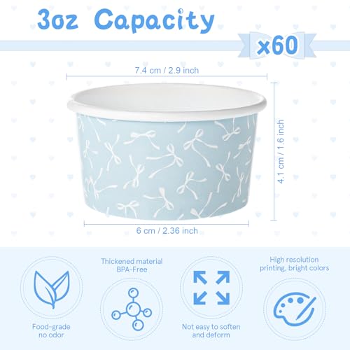 Image of Maxdot 60 Pcs 3 oz Paper Ice Cream Cup Disposable Dessert Western Cup Paper Yogurt Snack Bowl Bulk for Hot and Cold Food Ice Cream or Mousse for Birthday Valentine Party Supplies(Blue,Bow Knot)