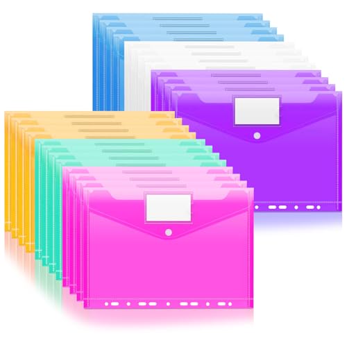 Pochette Classeur A4, Mezzar 24 Pcs Chemise Plastique A 4, Transparent Pochettes classeur Perforées A4 avec Rabat Fermeture à Pression et Etiquette pour Documents, Papier, Cartes (Coloré)