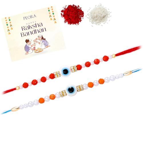 Image of Peora Evil Eye & Crystals Studded Rakhi for Brother Bhaiya | Red Thread | Raksha Bandhan Hamper with Roli Chawal Greeting Card