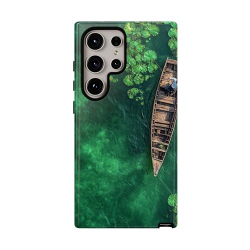 Coque Samsung S24 Ultra pêcheur et lotus en bois rigide brillante verte