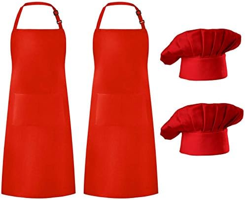 Hyzrz 2 Pack Chef Apron Hat Set, Adjustable Bib Cooking Aprons Water Drop Resistant Baker Kitchen Cooking for Women Men Father's Gift (Red)