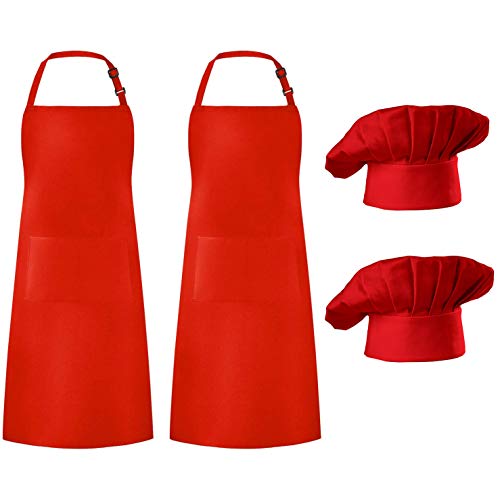 Hyzrz 2 Pack Chef Apron Hat Set, Adjustable Bib Cooking Aprons Water Drop Resistant Baker Kitchen Cooking For Women Men Father's Gift (Red) #TOP21