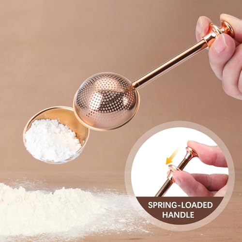 HULISEN Flour Duster for Baking, One-Handed Operation, 304 Stainless Steel Powdered Sugar Shaker Duster, Pick Up and Dust Flour Sifter, Gift Package, Brown
