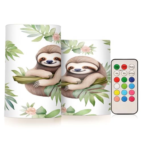 Image of Leaf and Sloth Flameless Candles, Flameless Candles with Remote Set of 2, Flameless Candles Battery Operated, Pillar Candles Home Decoration, Christmas, Party, E08D23009