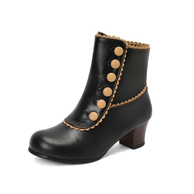 CrazycatZ Bottines vintage en cuir végétalien avec détails cloutés pour femme, talon épais, Noir , 37 EU
