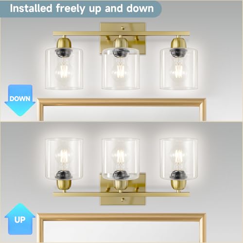 Image of Modern Brushed Gold 3 Light Bathroom Light Fixtures, 19 inch Vanity Lights for Bathroom with Clear Glass, Bathroom Lighting Fixtures Over Mirror for Mirror Kitchen Living Room