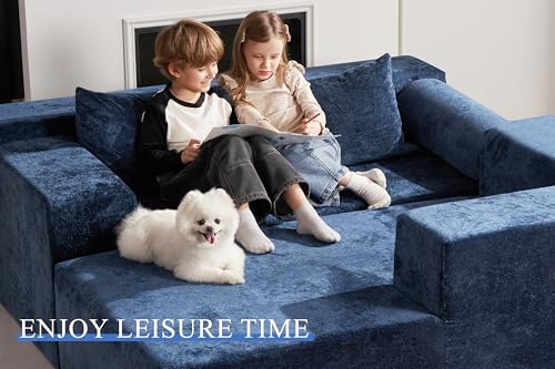 Image of HABUTWAY 105 inch L-Shape Modular Sectional Sofa Couch for Living Room,No Assembly Required,Modular Comfy Sofa with Deep Seat for Living Room Bedroom,Luxury Distressed Velvet(Right,Blue)