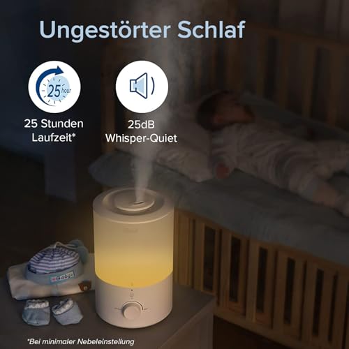 Levoit Top-Fill Luftbefeuchter, 25dB leise Humidifier für Schlafzimmer, Baby, mit Nachtlicht, bis 25H, Raumbefeuchter mit 360°Drehdüse für Kinderzimmer, Pflanzen, Auto Shut-off, 3 L, Warmweiß