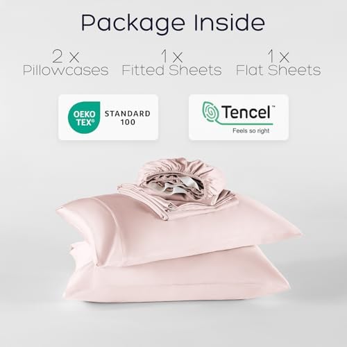 Tencel Lyocell 4 Pieces Queen Sheet Set, Silky Soft, Cooling & Wrinkle-Free - Oeko-TEX Certified - Deep Pocket Fits 16" Mattress, Marshmallow Pink - Thumbnail 2