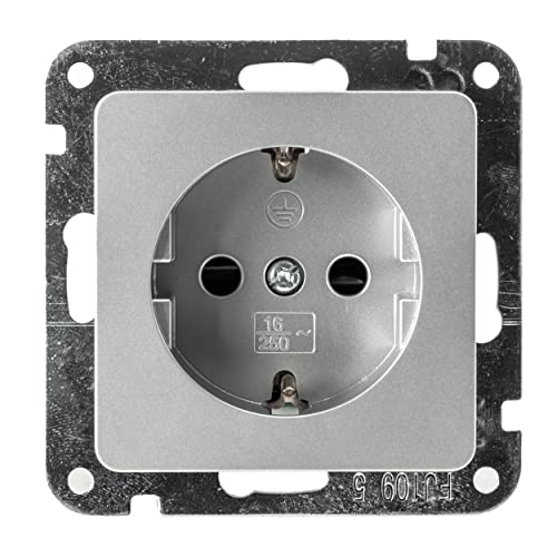 DELPHI Steckdose Unterputz 2-fach - Schutzkontaktsteckdose mit erhöhtem Berührungsschutz mit Rahmen Farbe Silber Grau