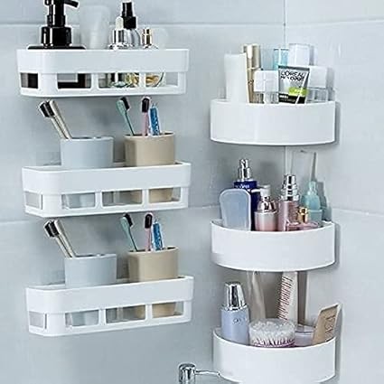 petrickenterprise Plastic Kitchen Bathroom Wall Holder Storage Rack, Corner Shelf (White Colour only) -Combo of 6 Pieces Plastic(3 Bathroom Shelves + 3 Corner Triangle Shelves)