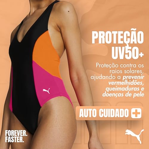 PUMA Maiô Natação XTRA LIFE™ Tecido Inteligente UV50+ Alça Regulável Feminino Adulto, Preto/Pink, G