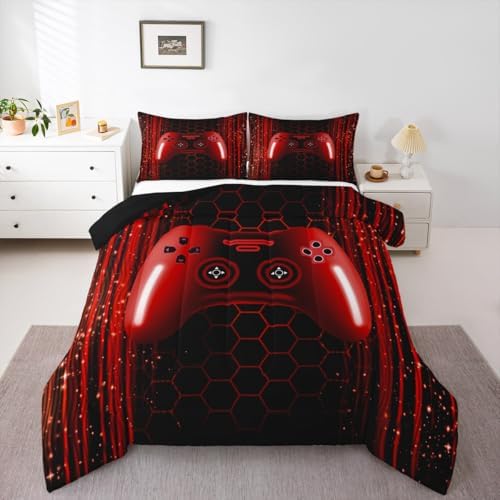 Erosebridal Kids Gamer Twin Bedding Set for Boys Bedroom Burgundy Red Gaming Comforter Set for Kids Teens Neon Lights Video Games Comforter Striped Honeycomb Hexagon Geometric Duvet Insert