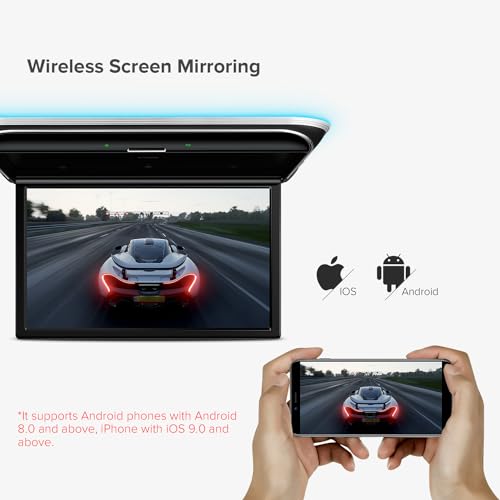 XTRONS Monitor de montaje abatible para coche FHD Android 9.0 de 17.3 pulgadas, pantalla IPS 8K 1080P Octa-core, reproductor multimedia de techo de coche, video de coche con sonido superior y espejo