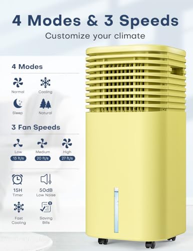 Image of 4-IN-1 Portable Air Conditioners, Evaporative Air Cooler w /4 Modes & 3 Speeds, 15H Timer for Smart Auto-off, 2-Gal Tank for 20H Cooling,17FT Remote,No Hose Needed - Yellow