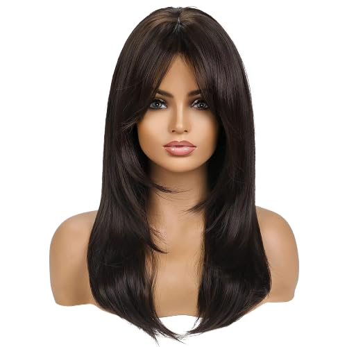 Image of Women's Full Head Wig - Shoulder Straight Length Natural Brown Layered Synthetic Hair Extension for Women and Girls