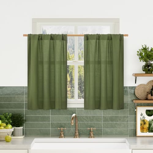 Image of LAMIT 36 Inch Length Linen Curtains for Kitchen Window Over Sink 2 Panels
