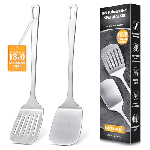 2-teiliges Edelstahl-Spatel-Set, Metall-Spatel, massiver und geschlitzter Pfannenwender, robuster Pfannenwender für die Küche, hoch hitzebeständig, Kochutensilien für...
