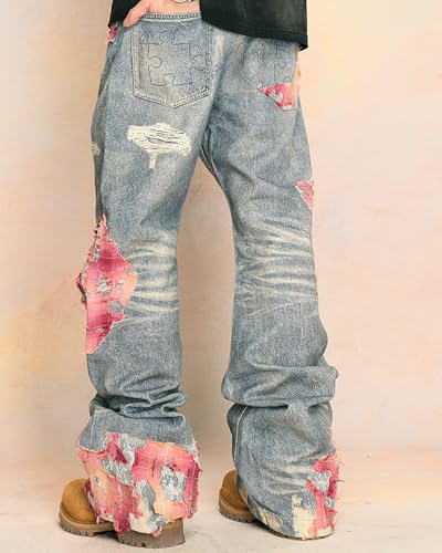 Men's Red Pattern Stitching Lace Washed Jeans Unisex Loose Straight Print Streetwear Casual Trousers3