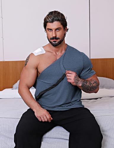URRU Men's Post Shoulder Surgery Shirts Recovery Full Tear Away Short Sleeve Snap Chemo Shirts for Port Access4