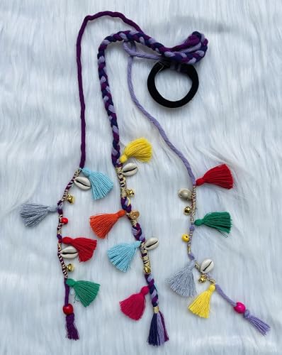 Image of Zippy Flora Boho Handmade Colorful Hair Strings for Navratri, Ethnic Look & Bohemian Styling, Braided Thread Hair Accessories & Hair Extensions, Full Length 20-22 Inch, Purple