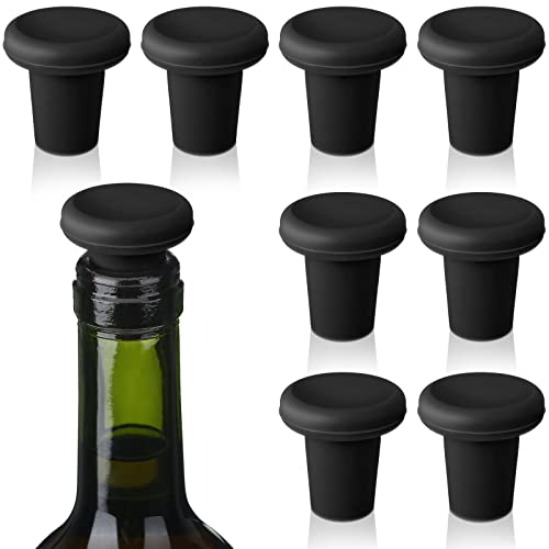 Yookeer 8 Pcs Wine Stoppers Silicone Beer Bottle Sealer Stoppers Glass Bottles Corks Beverage Beer Champagne Wine Storage Keep Fresh Tools for Wedding Party Christmas Supplies(Black)