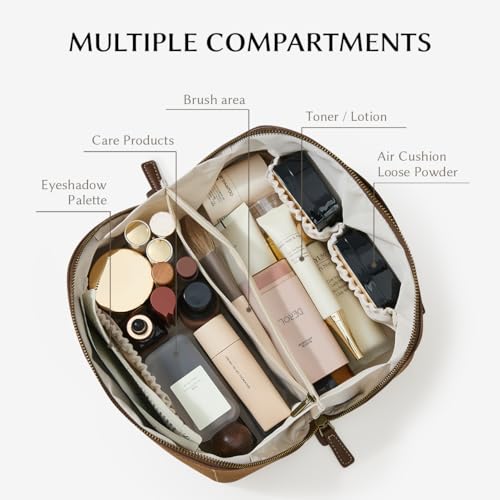 Image of EACHY Travel Makeup Bag, Large Capacity Cosmetic Bag for Women, Waterproof PU Leather, Flat Open Portable Toiletry Bag for Skincare, Brushes & Travel Essentials