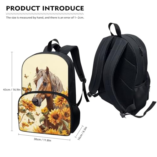 Horse Backapck and Lunchbox Set Kids Backpack for School Girls 4th Grade Sunflower Preschool Elementary Middle School Bag Student Bookbag Cute School Supplies Set for Kids Teens 4 Pieces3