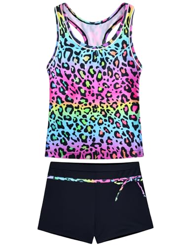 Image of Girls Tankini 2 Piece Swimsuit Racerback with Shorts Quick Dry Bathing Suit for Girls 3-14Y
