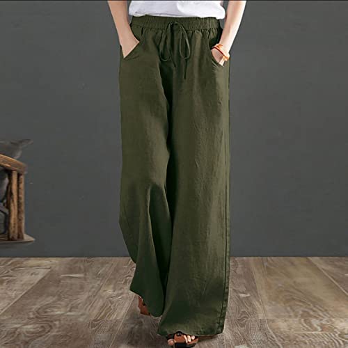 SMIDOW Palazzo Pants for Women Fashion 2023 Baggy Casual Wide Leg Flowy Pant Elastic High Waist Cotton Linen Trousers2