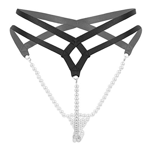 Freebily Femme String Tanga Ficelle Perles Femme Tanga Culottes Slip de Bain Bikini Thong Triangle Bas de Plage Bottom Noir A Taille Unique
