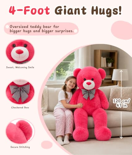 Image of MaoGoLan Giant Teddy Bear 4 Feet,Adorable Big Bear Stuffed Animal 47 inch, Classic Teddy Bear Plush Gift Decoration for Baby Shower,Party,Birthday,Valentines Day,Rose Red