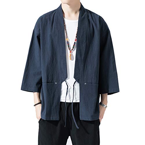 Image of PRIJOUHE Men's Kimono Jackets Cardigan Lightweight Casual Cotton Blends Linen Seven Sleeves Open Front Coat Outwear