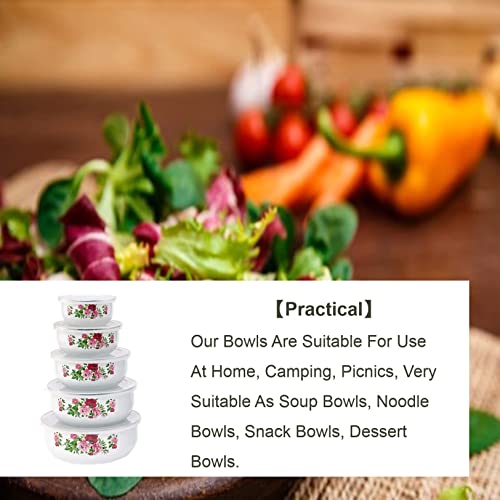Tenbroman Salad Bowl Set Of 5, Enamel Bowl With Plastic Covers,5 Flower Pattern Food Containers,For Placing Ramen, Pasta, Soup, Fruit, Salad, Etc. (A) #TOP1
