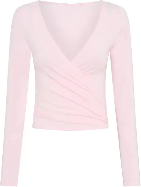 Women's Yoga Wrap Top - Pink Long Sleeve Pilates Shirt with Self-Tie Design