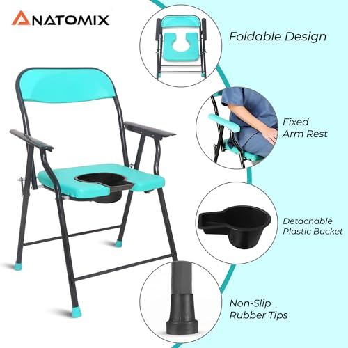 Image of ANATOMIX Folding Commode Chair - Stainless Steel Mobile Toilet Seat for Elderly, Disabled & Pregnant Women | Safe Shower & Bathing Stool | 100 Kg Capacity (Blue)