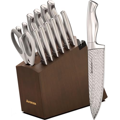 Astercook Knife Set, 15 Pieces Knife Sets for Kitchen with Block, Ultra-Sharp German High Carbon Stainless Steel Knife Block Sets with Built-in Sharpener, Dishwasher Safe Knives Set for Kitchen