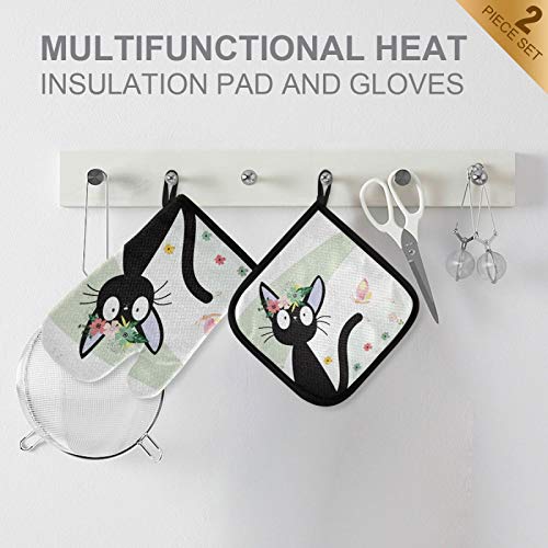 Spring Black Cat Cute Oven Mitts & Pot Holders 2Pcs Summer Flower Kitty Kitchen Heat Resistant Non-Slip Potholders Set For Cooking Baking Gifts #TOP2