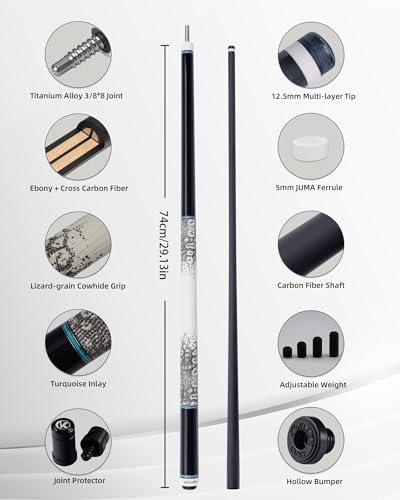KONLLEN AING-1 Carbon Fibre Pool Cue Handmade Dragon Real Inlay (Abalone Shell Handmade Inlay, Ebony Butt, 12.4mm Sea-Eye Tip, 3/88 Radial Pin Joint, with Extension Case)