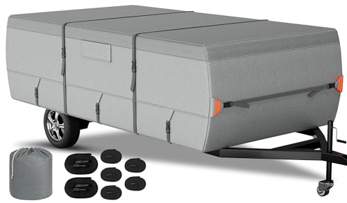 Tuszom Pop Up Camper Cover 7 Layers Waterproof Folding Camping Trailer Cover for Snow Upgraded Tearproof RV Cover with 5+2 Windproof Strapsand Storage Bag (Gray 8-10 Length)