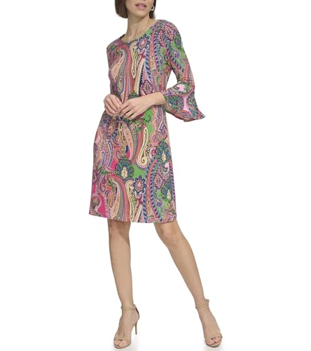 Image of Tommy Hilfiger Women's 3 /4 Bell Sleeve Jewel Neck Sheath Mini Dress