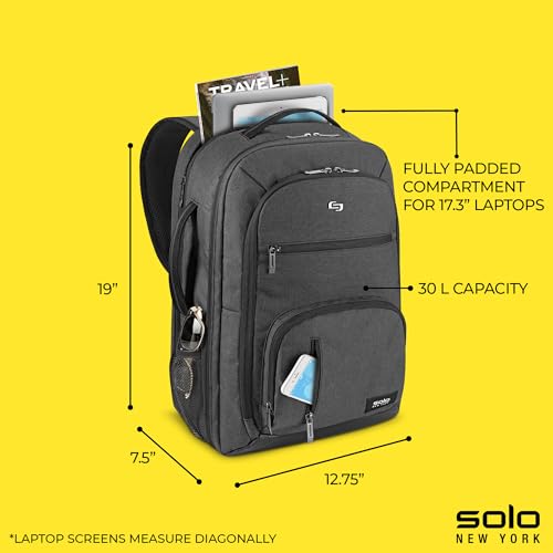 Solo New York TSA Laptop Backpack for Women & Men -Carry On Bookbag for Travel & Work, Lightweight Bag, Mesh Side Pockets, Padded Straps, Fits 17.3" Computer - Grand Travel, Grey3