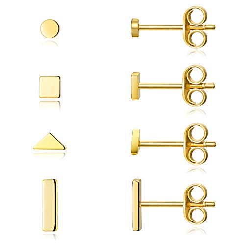 EPIRORA Sterling Silver Stud Earrings for Women Men- 4 Pairs of Hypoallergenic Simple Geometric Small Stud Earring Set Tiny Circle Triangle Square Bar Stud Earrings Mini Cartilage Tragus Earrings