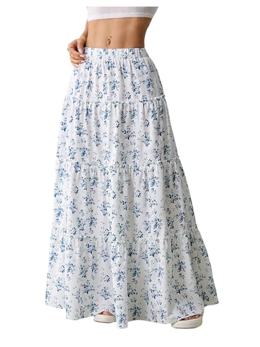 Women's Floral Maxi Skirt Boho Tiered Elastic Waist Pleated Flowy Vacation Skirts