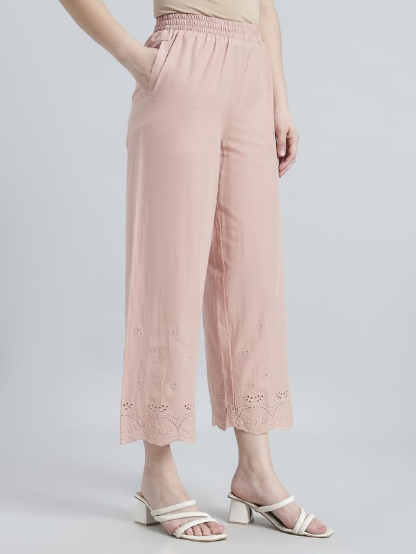 Image of GO COLORS Women Cotton Hakoba Wide Pant Ankle Length, Floral Embroidery, Relaxed Fit, Mid-Rise with Side Pocket